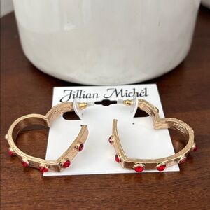 Jillian Michel Gold Tone cut out textured hearts w/red rhinestones, post